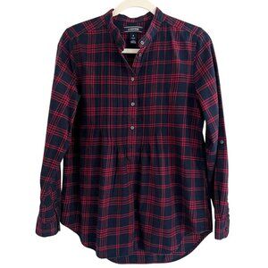 ♥️ Lands' End Cotton Flannel Tartan Plaid Red Navy Button Shirt Women Size 4